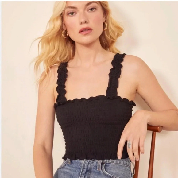 Reformation Black Smocked Cropped Tank Size Large - Picture 2 of 8